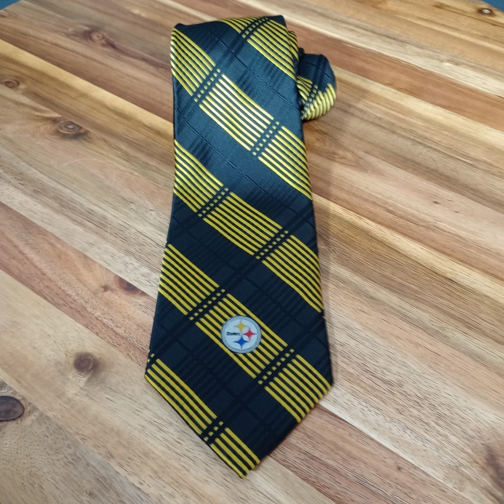 NFL Pittsburgh‎ Steelers Tie Plaid NeckTie Black Yellow Medallion Logo Football
